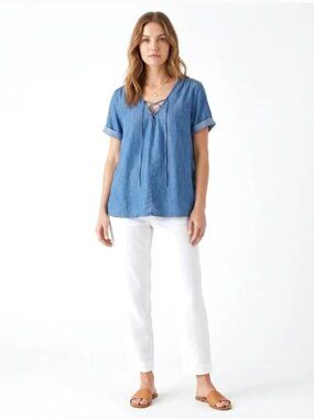 Lucky Brand Blue Short Sleeve Lace-up Chambray Lycocell Top Boho Peasant Poet XL